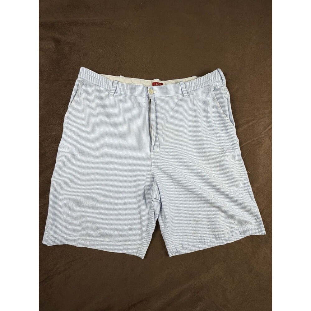 Izod Seersucker Striped Bermuda Shorts Blue White Cotton Flat Front Pockets 38